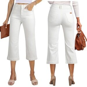 Sidefeel Women's White Wide Leg Jeans High Waisted Stretchy Capri Pants